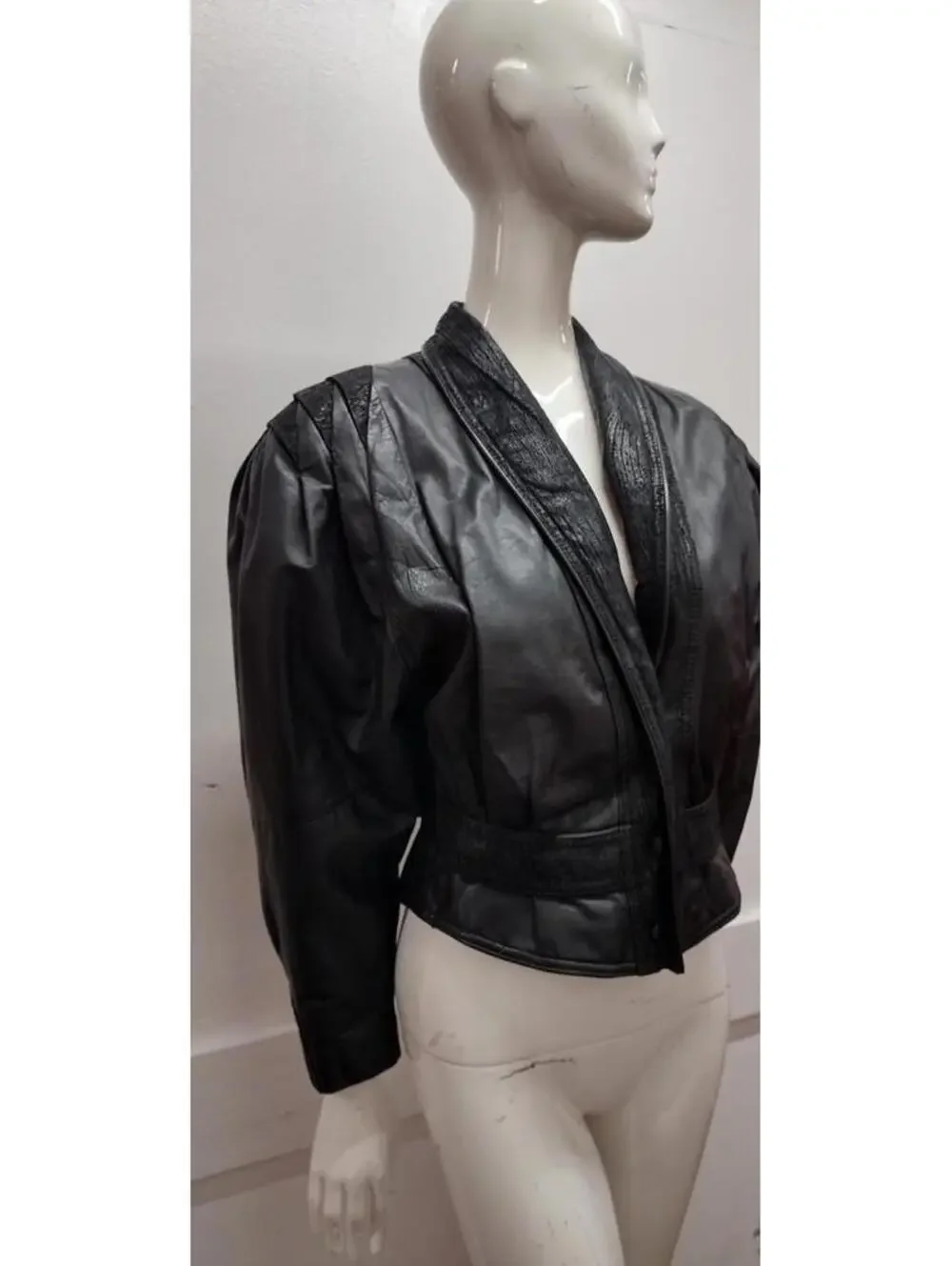 Black Tailored Leather Short Jacket New Wave Avante-Garde 1980s Bombshell S/M